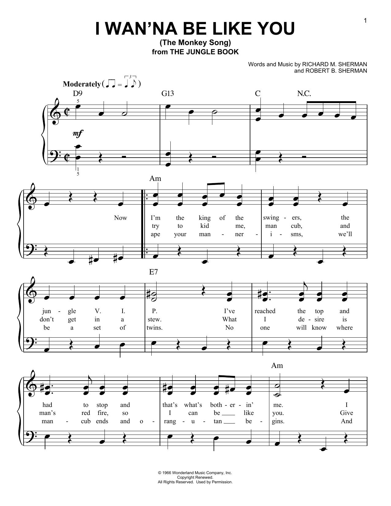 Robert B. Sherman I Wan'na Be Like You (The Monkey Song) (from The Jungle Book) Sheet Music Notes & Chords for Easy Piano - Download or Print PDF