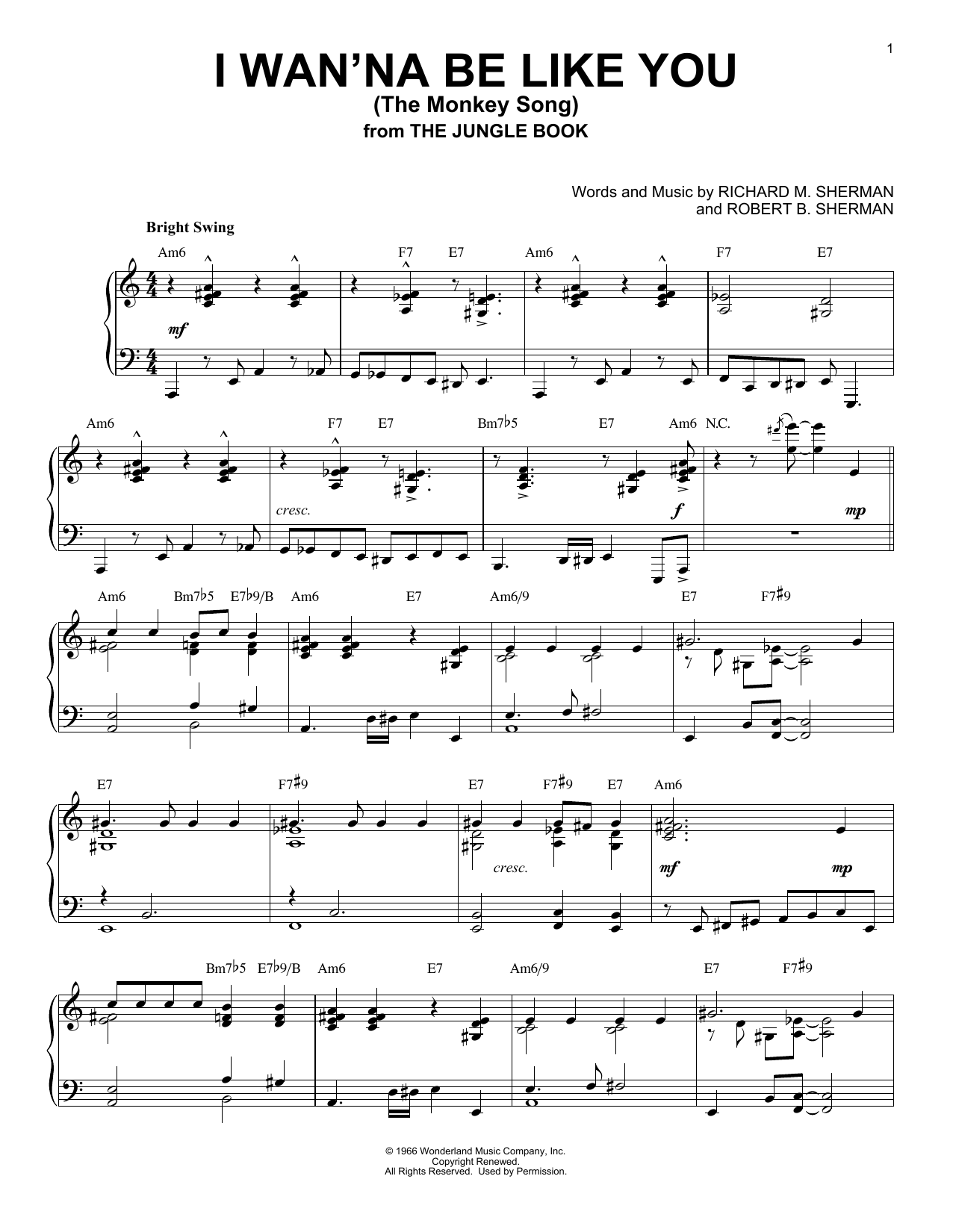 Robert B. Sherman I Wan'na Be Like You (The Monkey Song) [Jazz version] (from The Jungle Book) Sheet Music Notes & Chords for Piano - Download or Print PDF