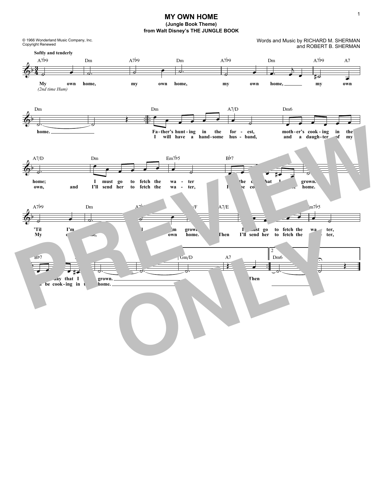 Robert B. Sherman My Own Home (Jungle Book Theme) Sheet Music Notes & Chords for Melody Line, Lyrics & Chords - Download or Print PDF