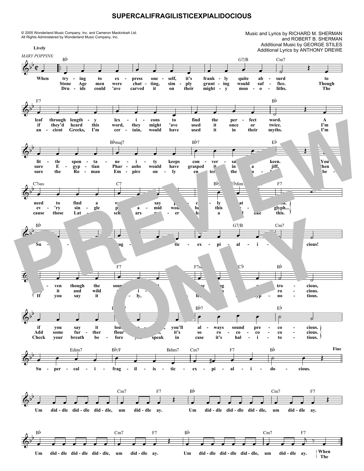 Robert B. Sherman Supercalifragilisticexpialidocious (from Mary Poppins) Sheet Music Notes & Chords for Melody Line, Lyrics & Chords - Download or Print PDF