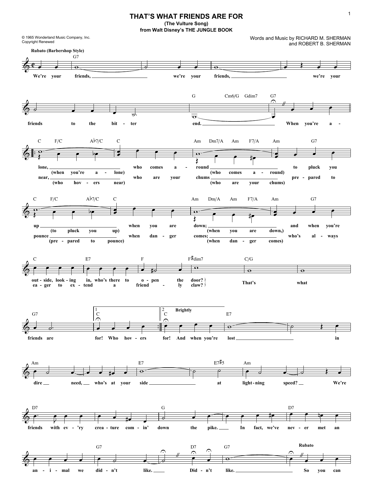 Robert B. Sherman That's What Friends Are For (The Vulture Song) (from The Jungle Book) Sheet Music Notes & Chords for Melody Line, Lyrics & Chords - Download or Print PDF