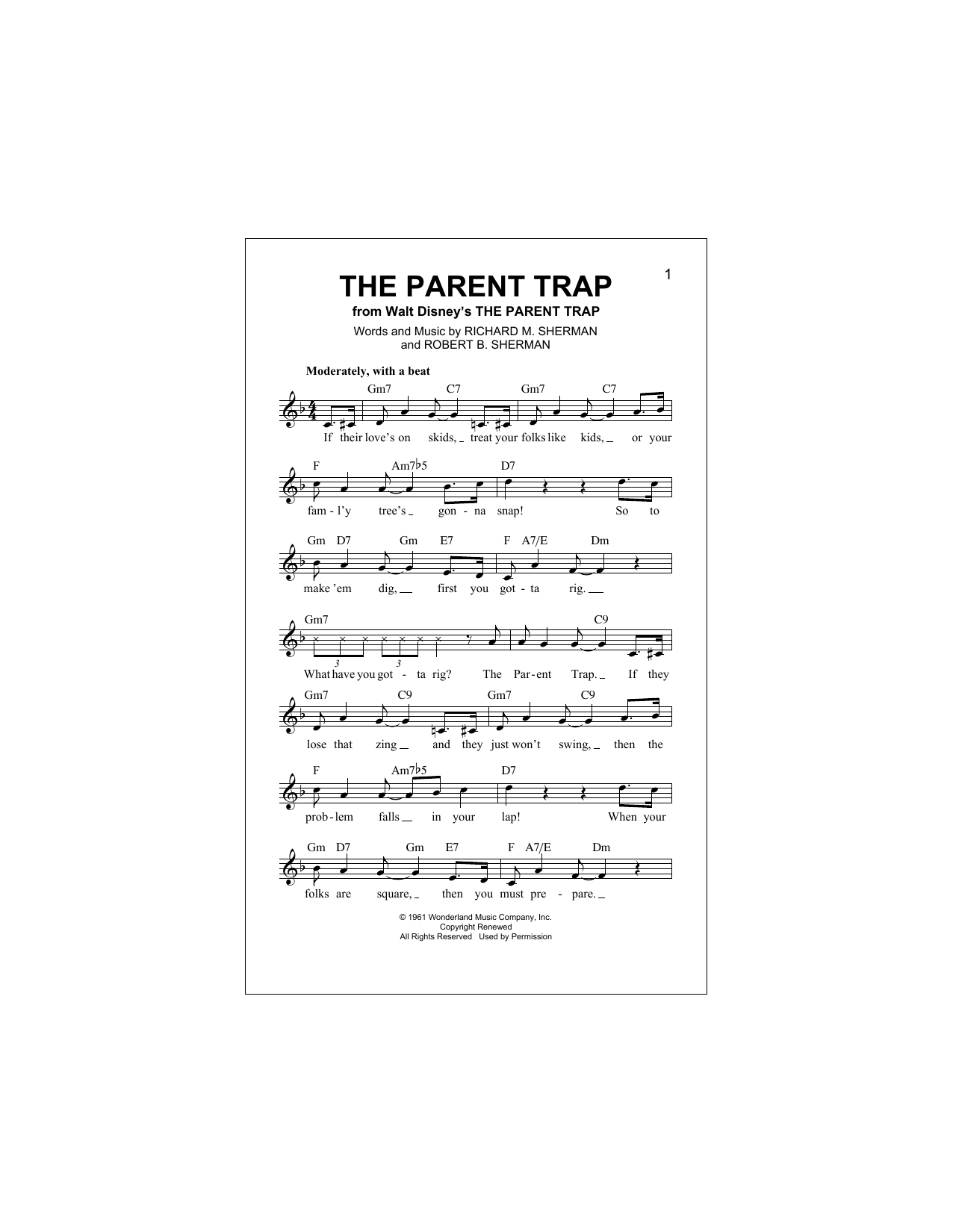 Robert B. Sherman The Parent Trap Sheet Music Notes & Chords for Melody Line, Lyrics & Chords - Download or Print PDF