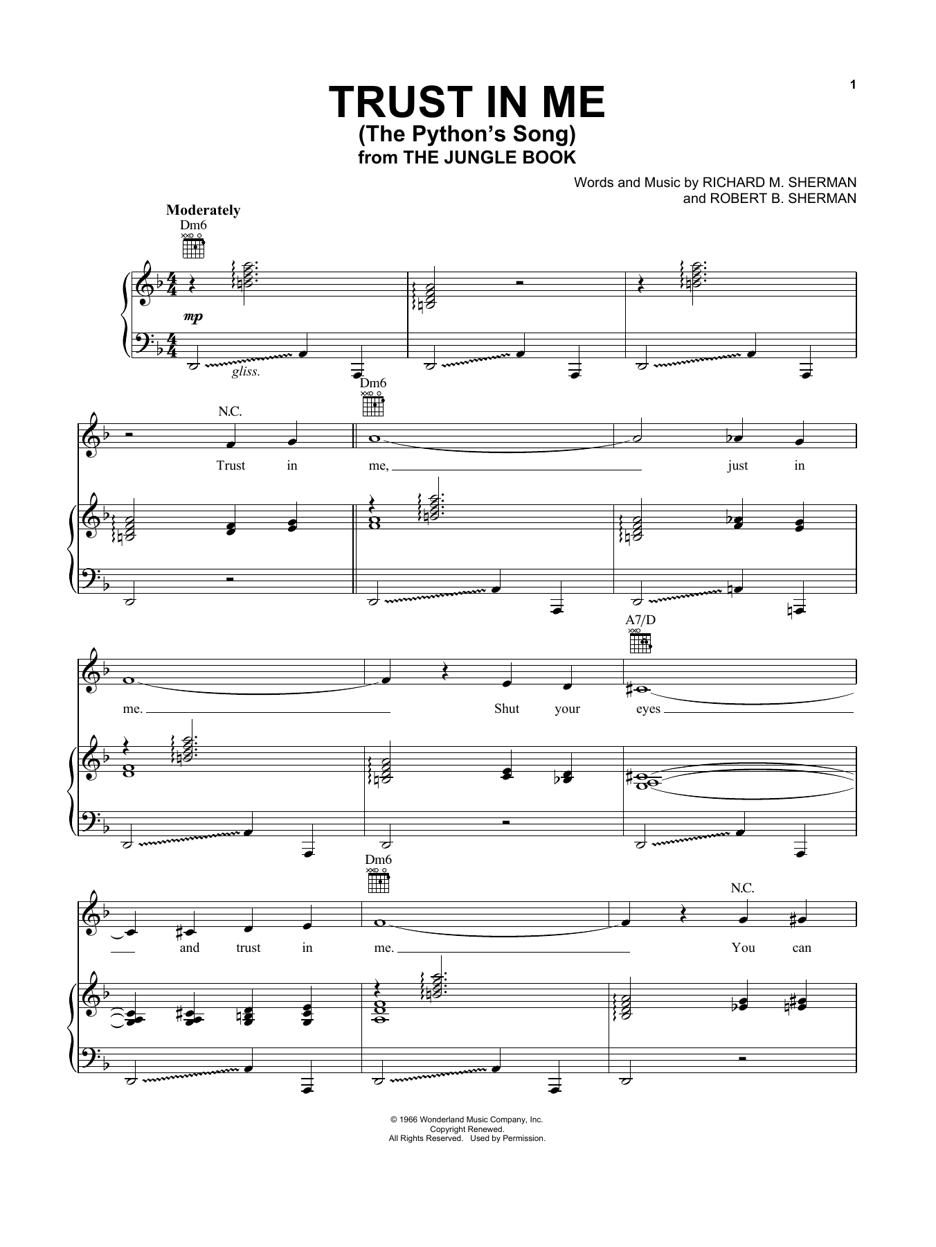 Robert B. Sherman Trust In Me (The Python's Song) (from The Jungle Book) Sheet Music Notes & Chords for Piano, Vocal & Guitar (Right-Hand Melody) - Download or Print PDF