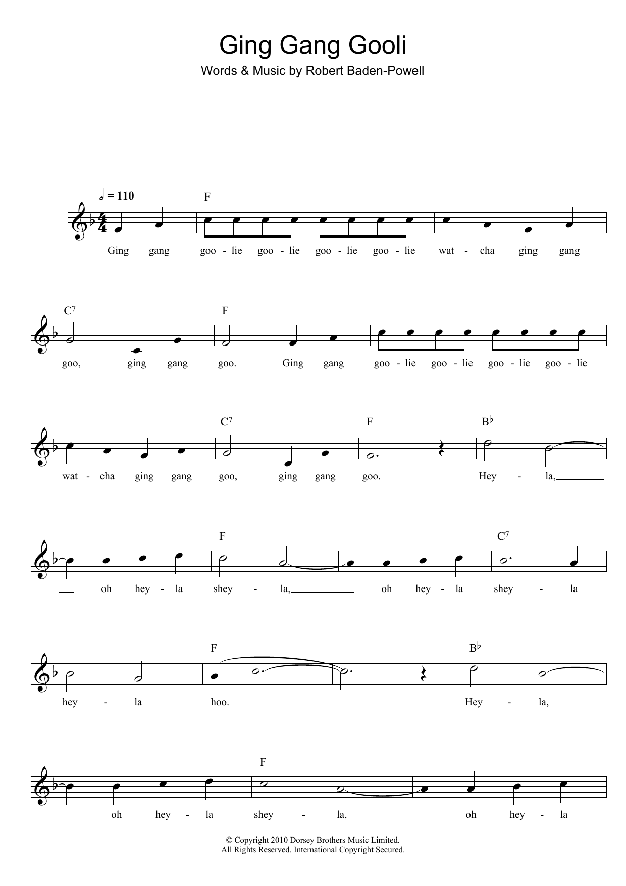 Robert Baden-Powell Ging Gang Gooli Sheet Music Notes & Chords for Melody Line, Lyrics & Chords - Download or Print PDF