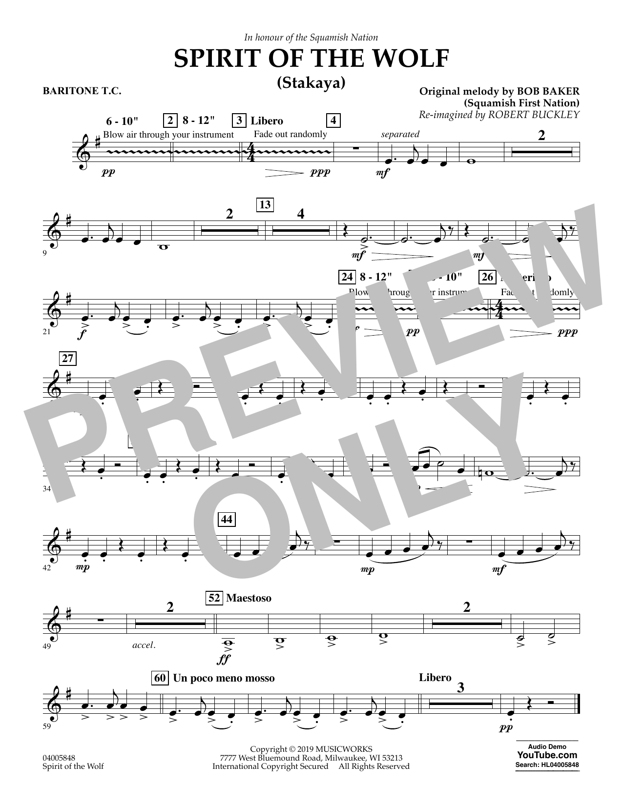 Robert Buckley Spirit of the Wolf (Stakaya) - Baritone T.C. Sheet Music Notes & Chords for Concert Band - Download or Print PDF