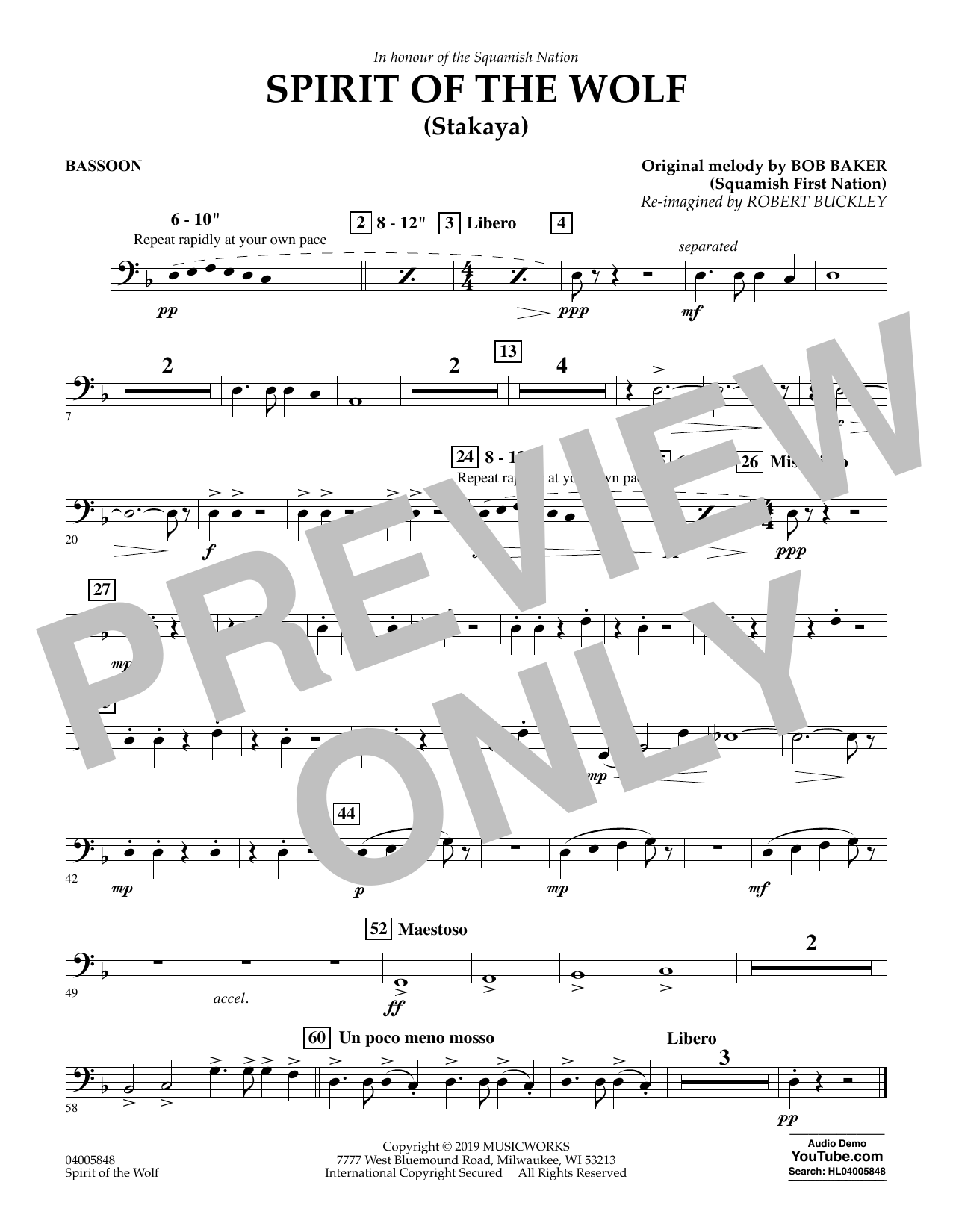 Robert Buckley Spirit of the Wolf (Stakaya) - Bassoon Sheet Music Notes & Chords for Concert Band - Download or Print PDF