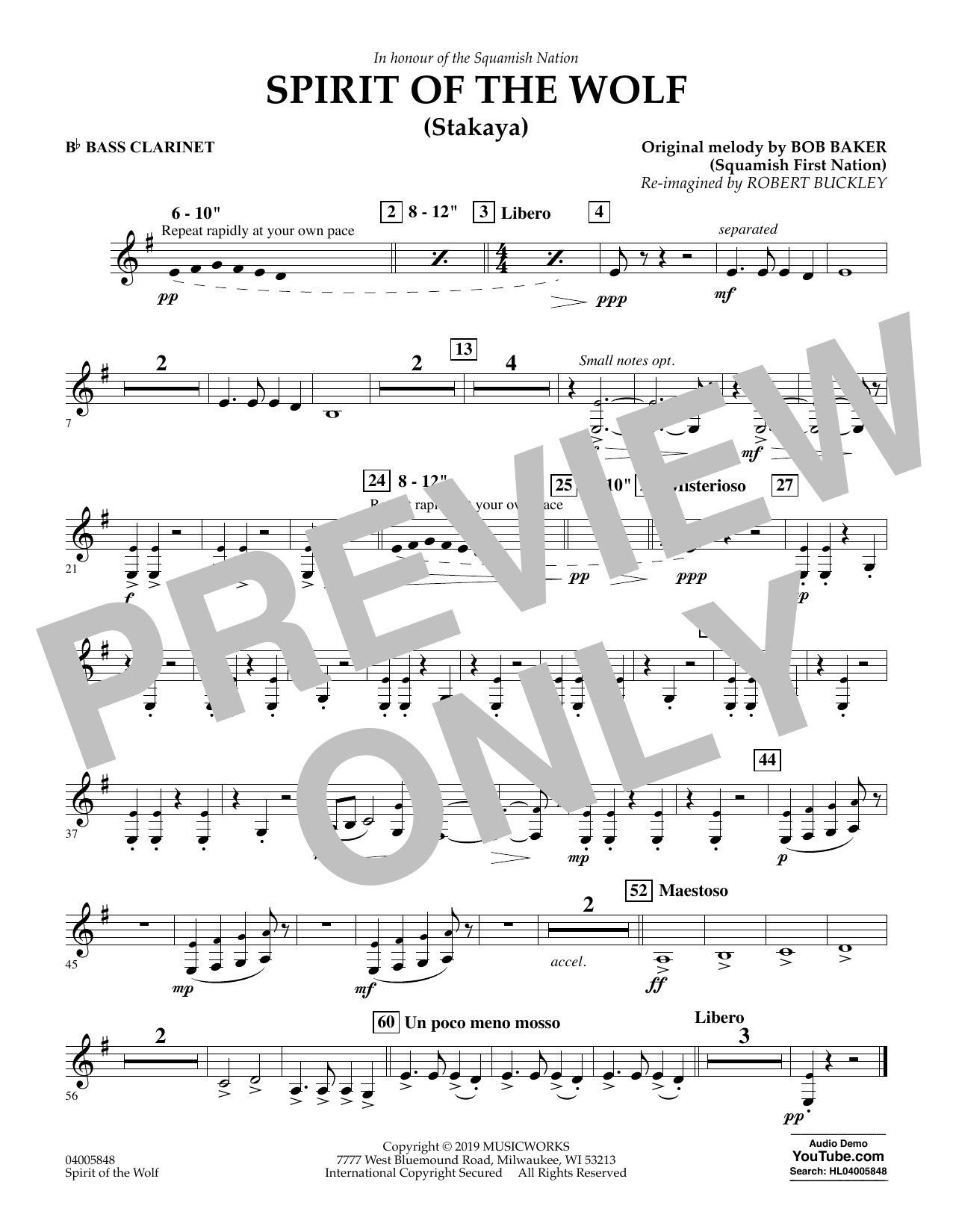 Robert Buckley Spirit of the Wolf (Stakaya) - Bb Bass Clarinet Sheet Music Notes & Chords for Concert Band - Download or Print PDF