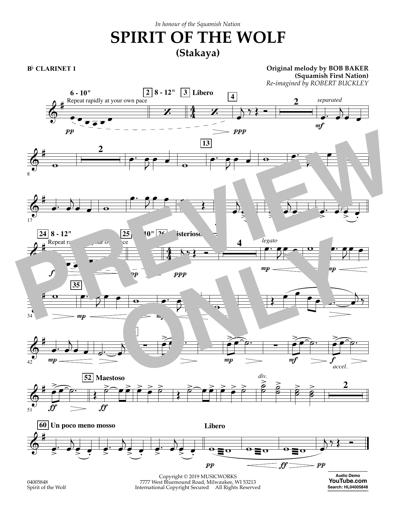 Robert Buckley Spirit of the Wolf (Stakaya) - Bb Clarinet 1 Sheet Music Notes & Chords for Concert Band - Download or Print PDF