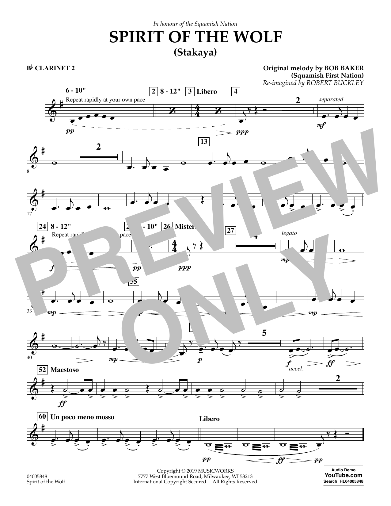 Robert Buckley Spirit of the Wolf (Stakaya) - Bb Clarinet 2 Sheet Music Notes & Chords for Concert Band - Download or Print PDF