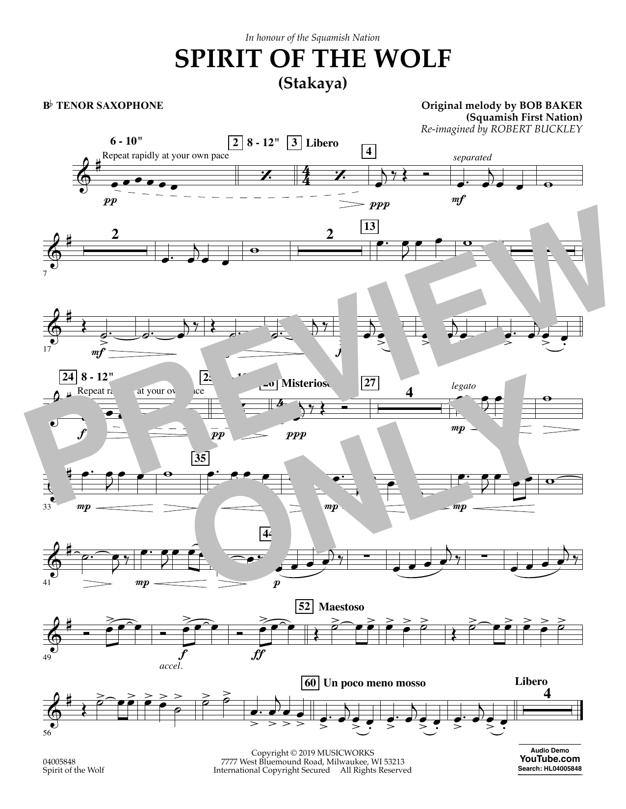 Robert Buckley Spirit of the Wolf (Stakaya) - Bb Tenor Saxophone Sheet Music Notes & Chords for Concert Band - Download or Print PDF