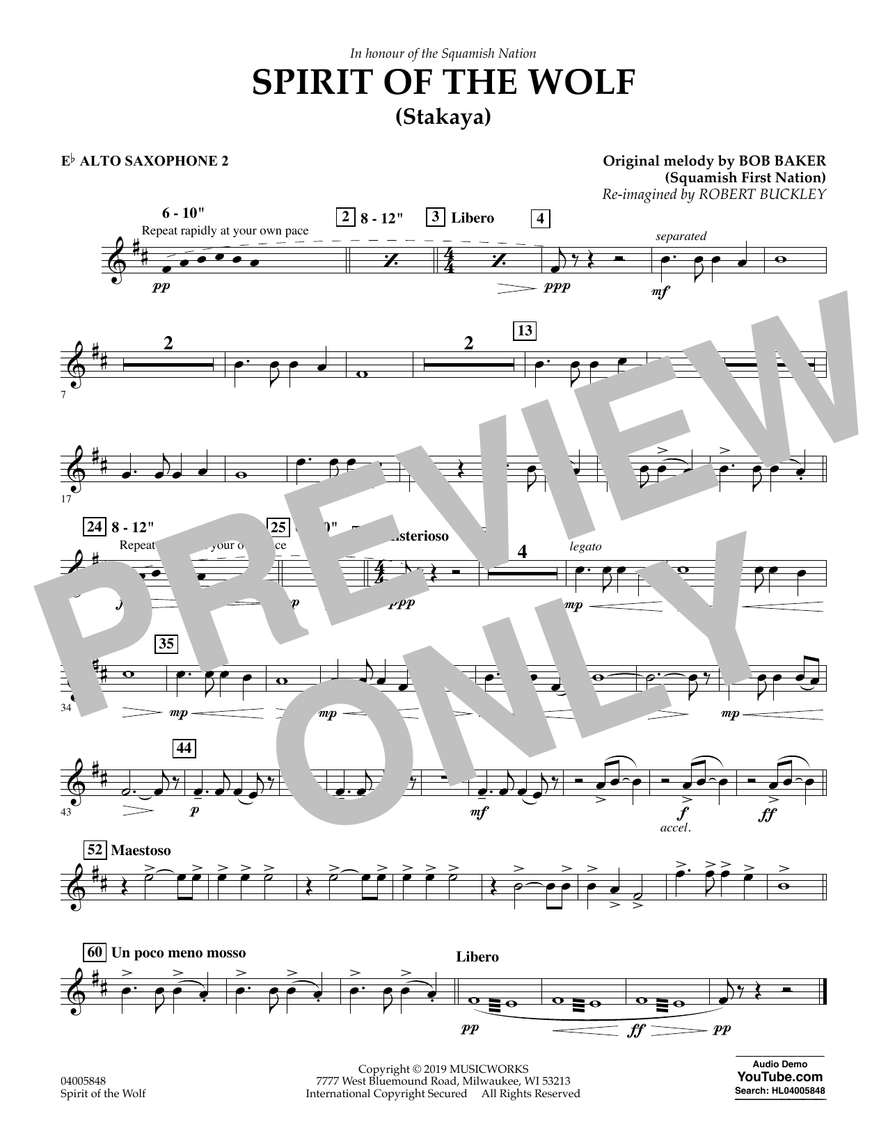 Robert Buckley Spirit of the Wolf (Stakaya) - Eb Alto Saxophone 2 Sheet Music Notes & Chords for Concert Band - Download or Print PDF