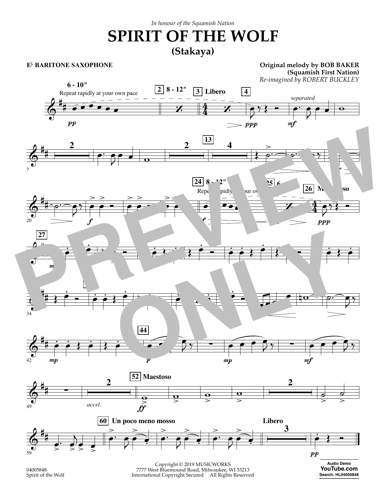 Robert Buckley Spirit of the Wolf (Stakaya) - Eb Baritone Saxophone Sheet Music Notes & Chords for Concert Band - Download or Print PDF