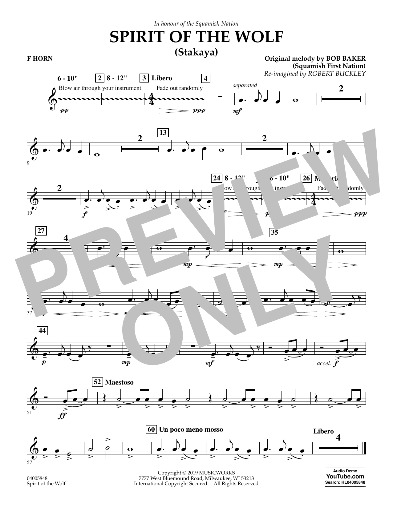 Robert Buckley Spirit of the Wolf (Stakaya) - F Horn Sheet Music Notes & Chords for Concert Band - Download or Print PDF
