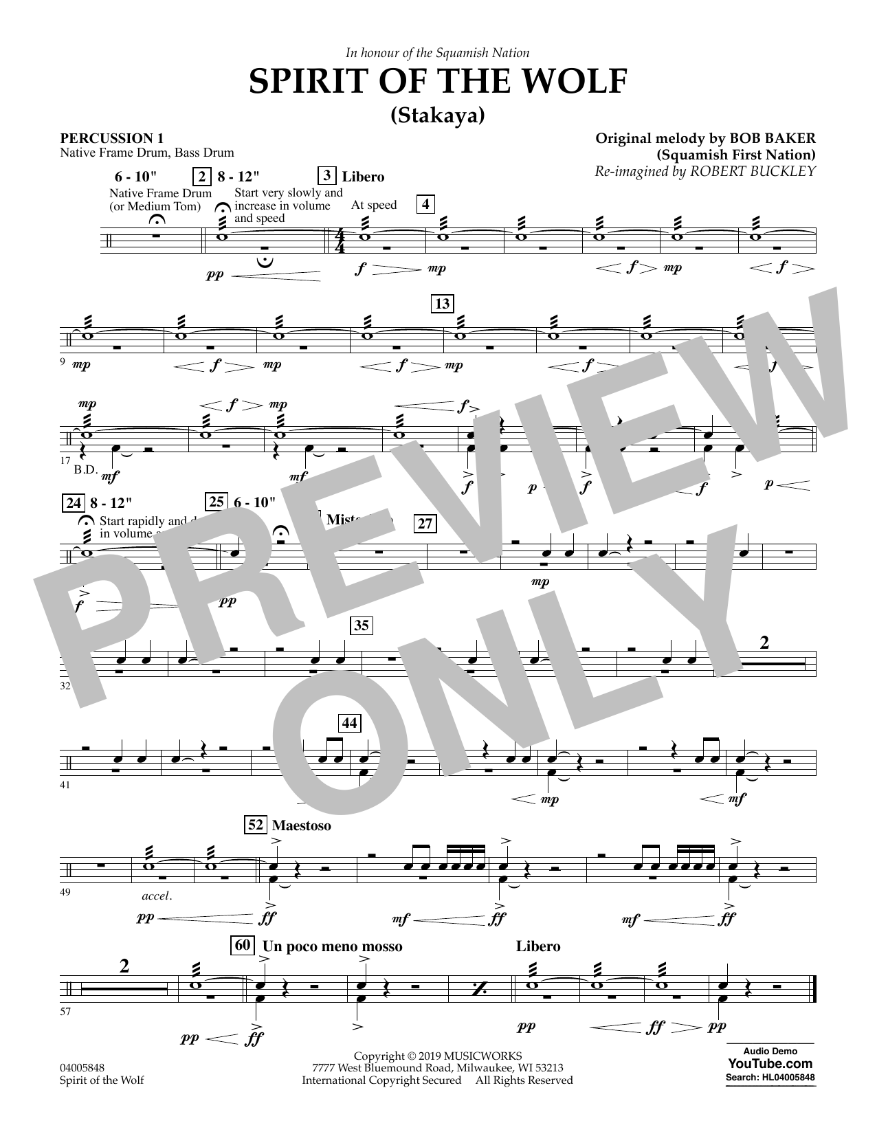 Robert Buckley Spirit of the Wolf (Stakaya) - Percussion 1 Sheet Music Notes & Chords for Concert Band - Download or Print PDF