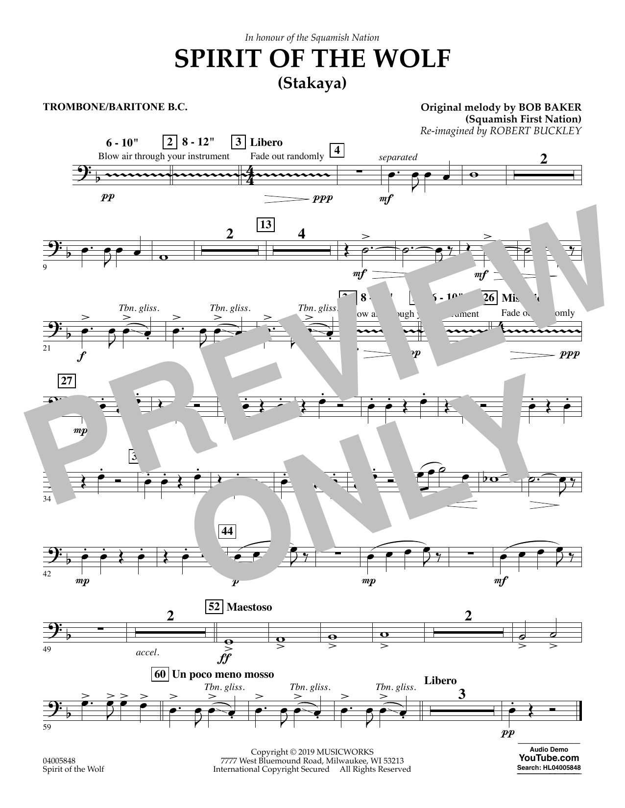 Robert Buckley Spirit of the Wolf (Stakaya) - Trombone/Baritone B.C. Sheet Music Notes & Chords for Concert Band - Download or Print PDF