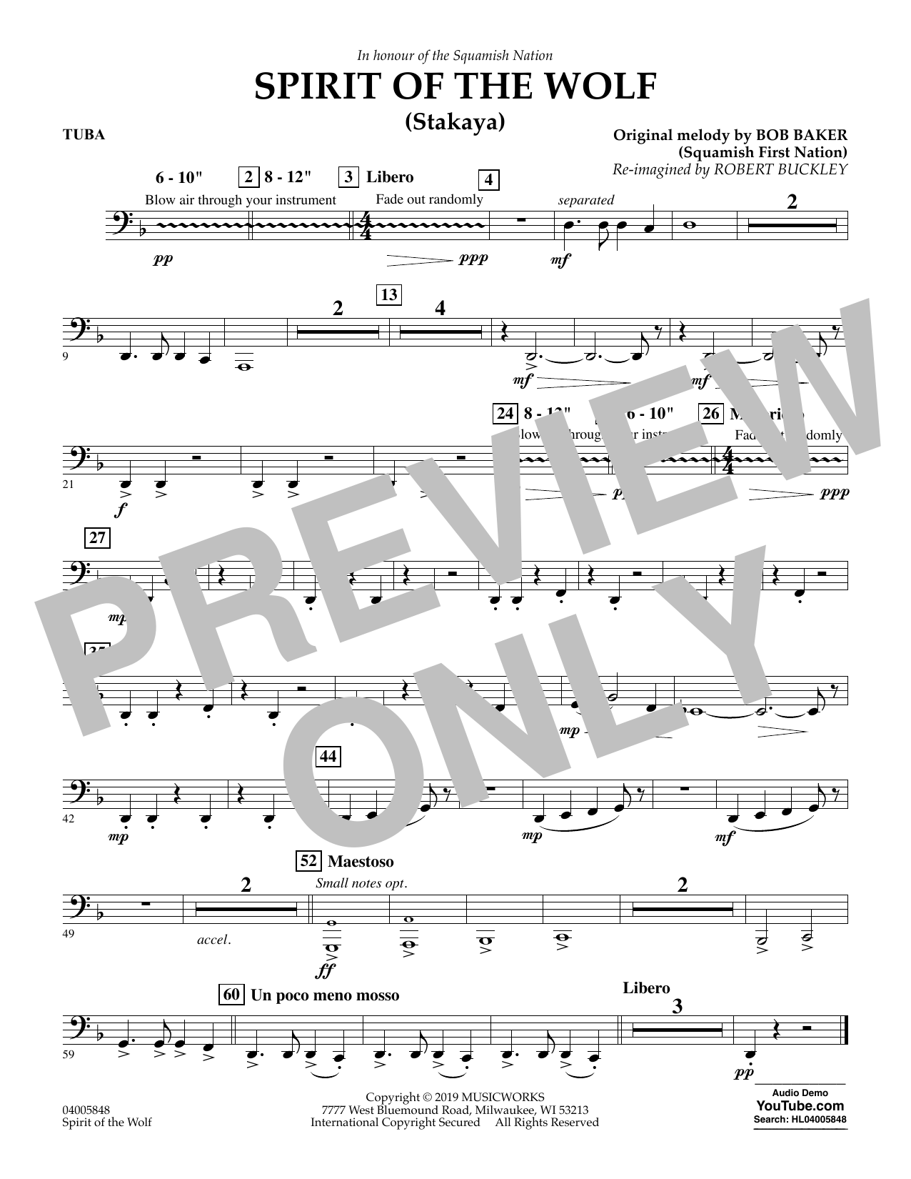 Robert Buckley Spirit of the Wolf (Stakaya) - Tuba Sheet Music Notes & Chords for Concert Band - Download or Print PDF