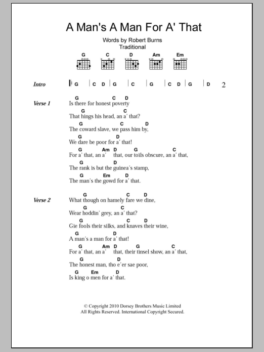 Robert Burns A Man's A Man For A' That Sheet Music Notes & Chords for Guitar Chords/Lyrics - Download or Print PDF