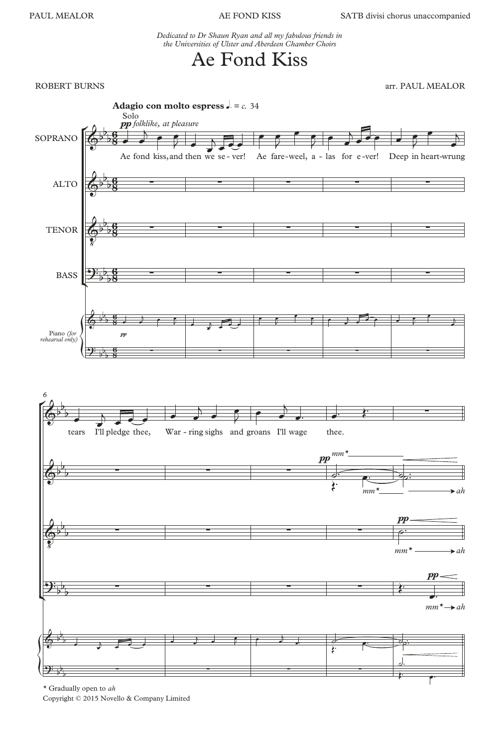 Robert Burns Ae Fond Kiss (arr. Paul Mealor) Sheet Music Notes & Chords for SATB Choir - Download or Print PDF