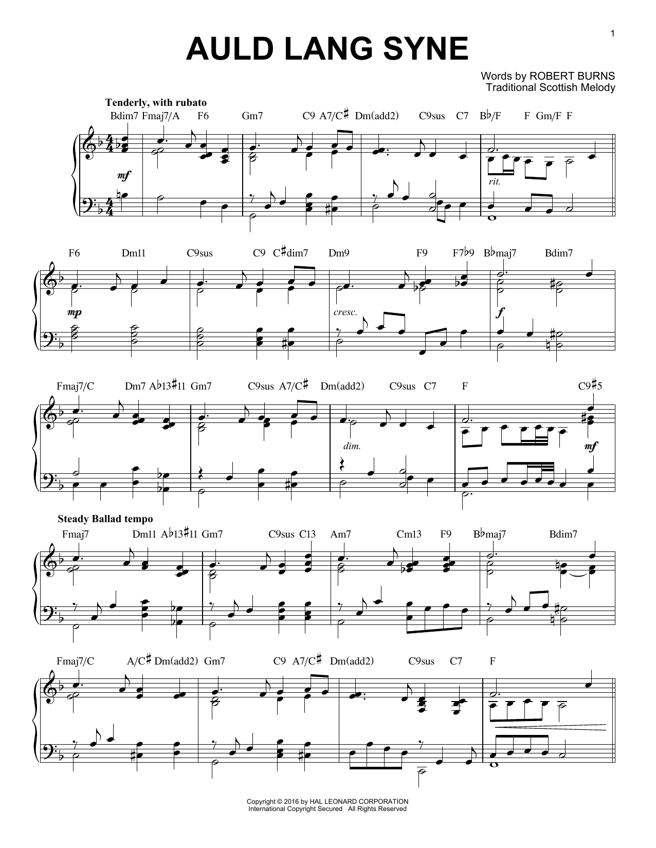 Robert Burns Auld Lang Syne [Jazz version] (arr. Brent Edstrom) Sheet Music Notes & Chords for Piano - Download or Print PDF