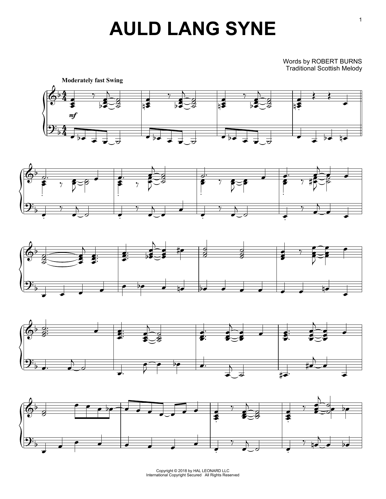 Robert Burns Auld Lang Syne [Jazz version] Sheet Music Notes & Chords for Piano - Download or Print PDF