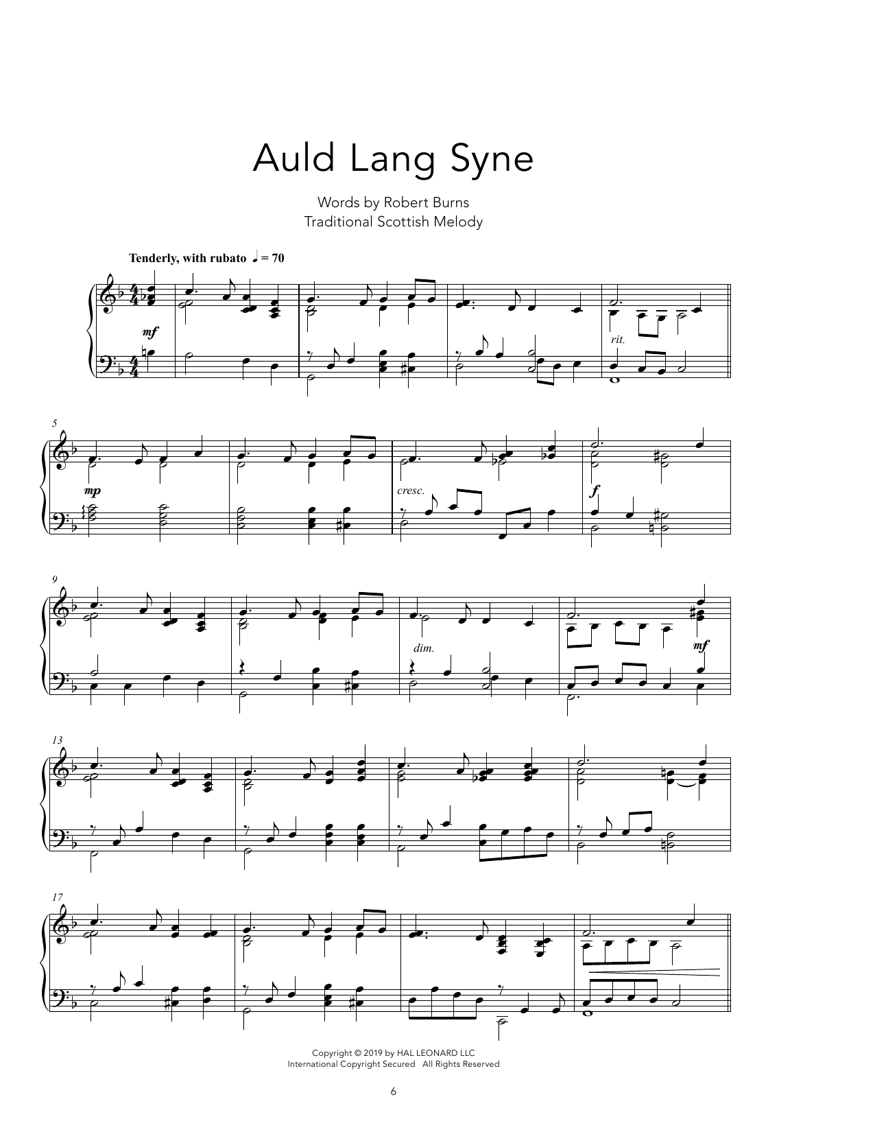 Robert Burns Auld Lang Syne [Peaceful version] Sheet Music Notes & Chords for Piano Solo - Download or Print PDF
