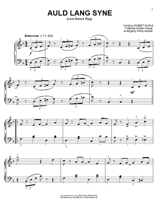 Robert Burns Auld Lang Syne [Ragtime version] (arr. Phillip Keveren) Sheet Music Notes & Chords for Easy Piano - Download or Print PDF
