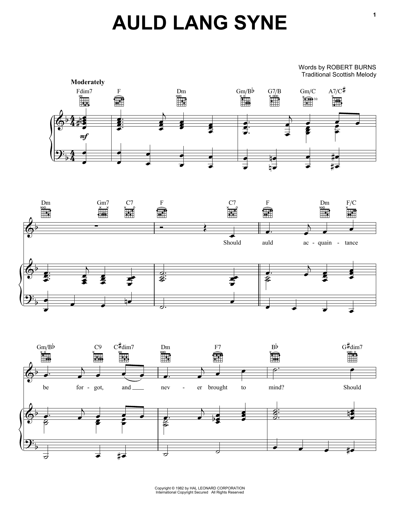 Robert Burns Auld Lang Syne Sheet Music Notes & Chords for Piano, Vocal & Guitar (Right-Hand Melody) - Download or Print PDF