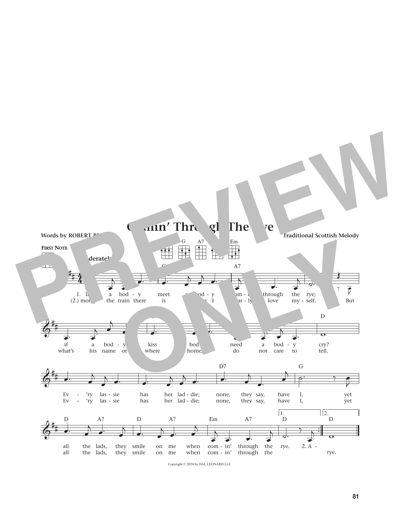 Robert Burns Comin' Through The Rye (from The Daily Ukulele) (arr. Jim Beloff) Sheet Music Notes & Chords for Ukulele - Download or Print PDF Robert Burns Comin' Through The Rye (from The Daily Ukulele) (arr. Jim Beloff) Sheet Music Notes & Chords for Ukulele - Download or Print PDF