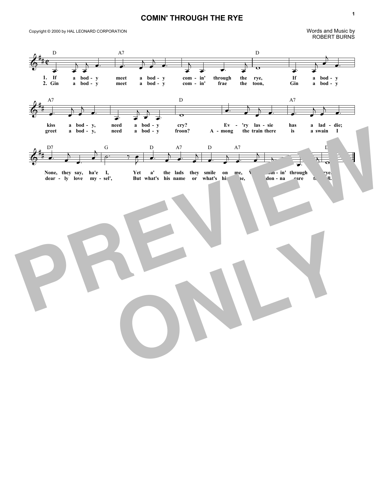Robert Burns Comin' Through The Rye Sheet Music Notes & Chords for Melody Line, Lyrics & Chords - Download or Print PDF