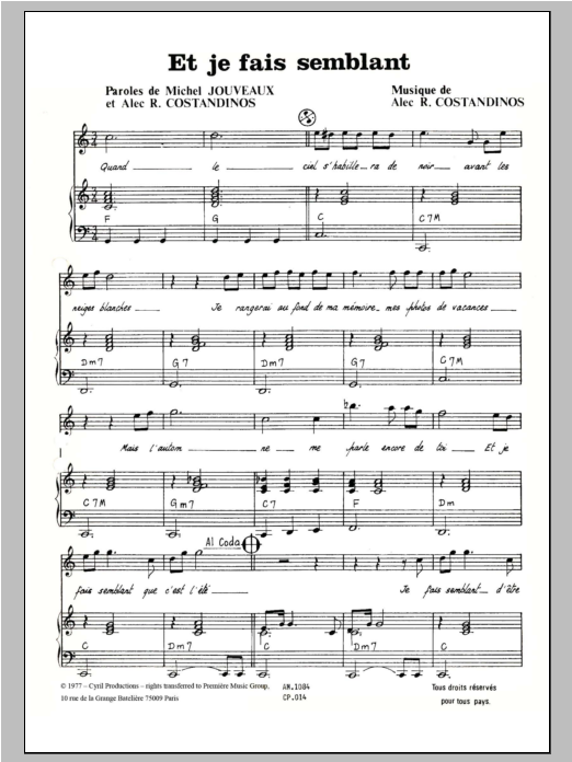 Robert Constandinos Et Je Fais Semblant Sheet Music Notes & Chords for Piano & Vocal - Download or Print PDF