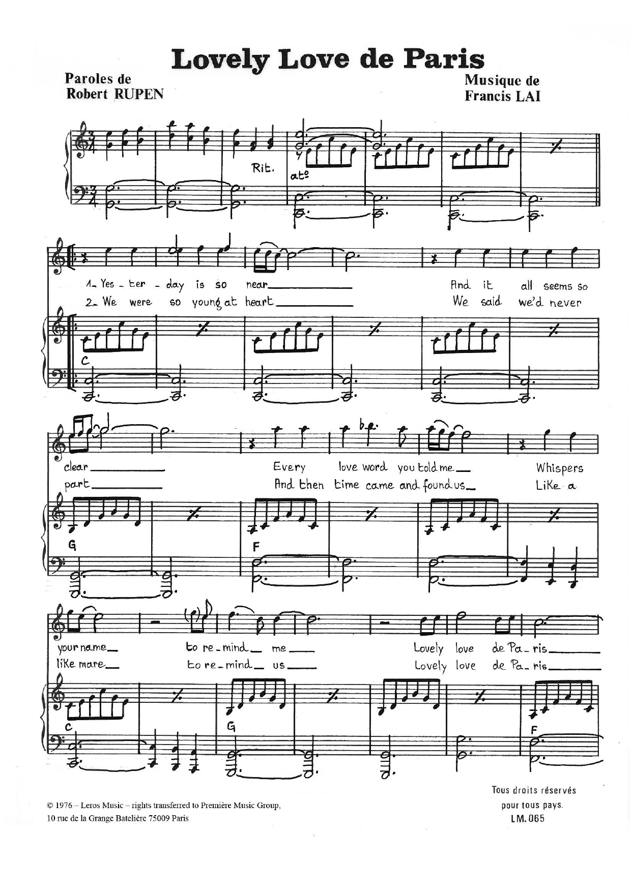 Robert Constandinos Lovely Love De Paris Sheet Music Notes & Chords for Piano, Vocal & Guitar (Right-Hand Melody) - Download or Print PDF