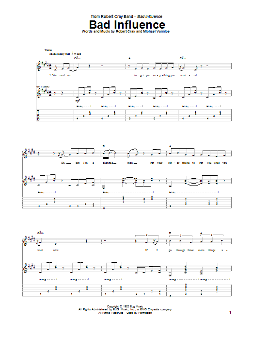 Robert Cray Bad Influence Sheet Music Notes & Chords for Guitar Tab - Download or Print PDF