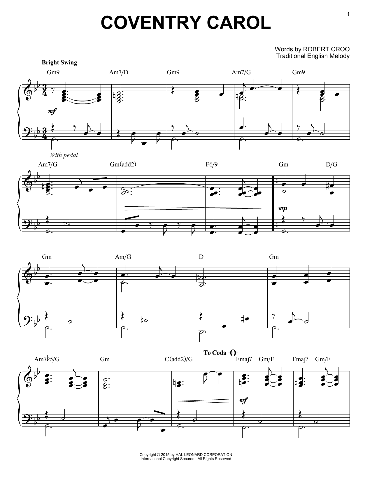 Robert Croo Coventry Carol [Jazz version] (arr. Brent Edstrom) Sheet Music Notes & Chords for Piano - Download or Print PDF