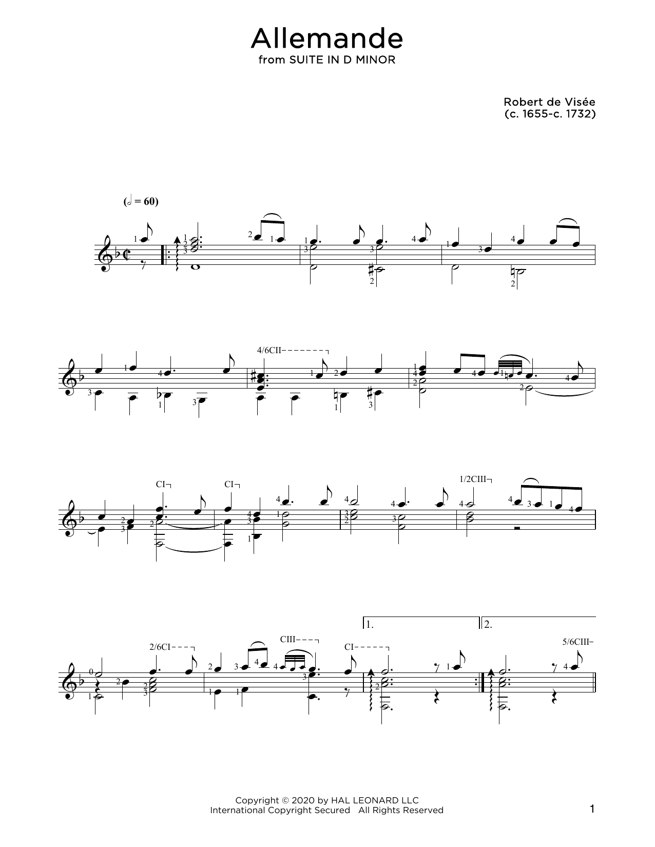Robert de Visee Allemande Sheet Music Notes & Chords for Solo Guitar - Download or Print PDF