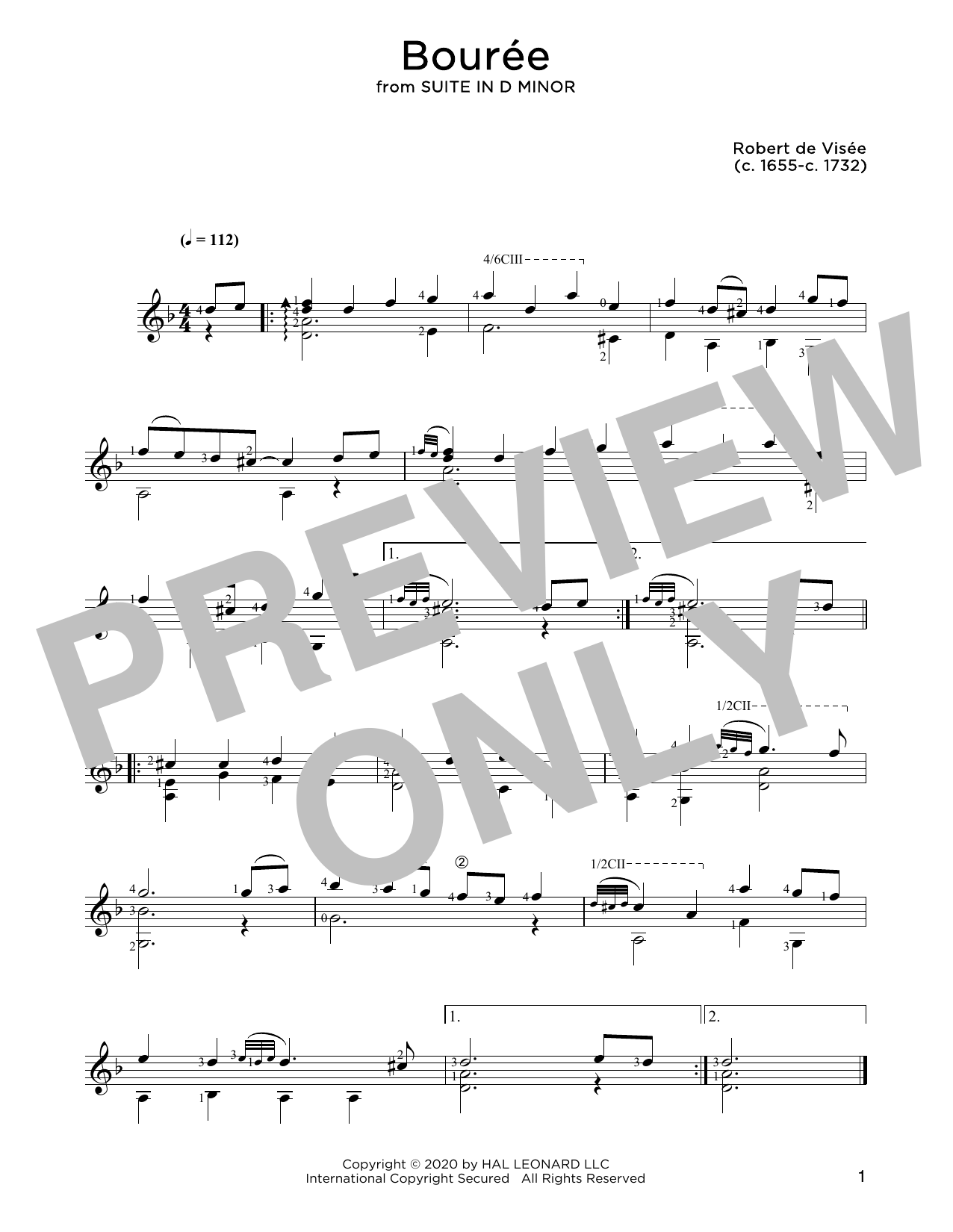 Robert de Visee Bouree Sheet Music Notes & Chords for Solo Guitar - Download or Print PDF