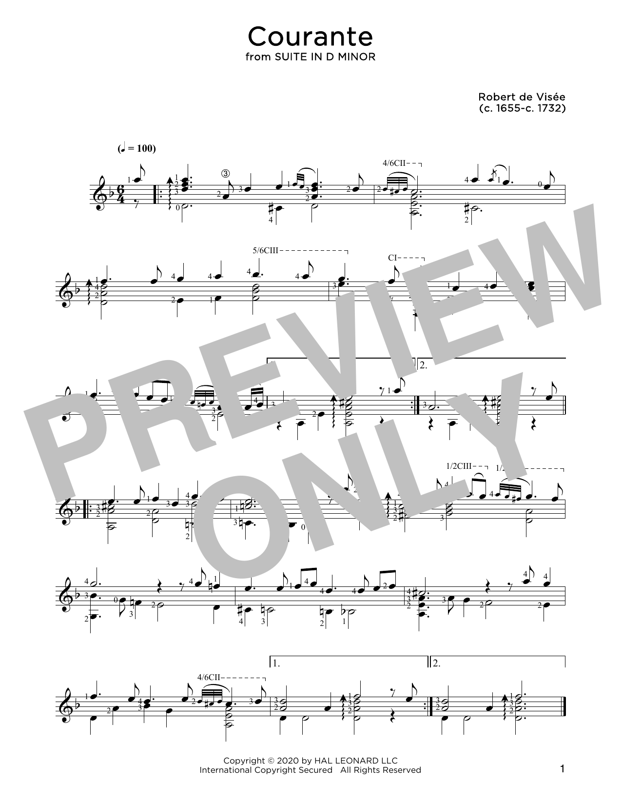 Robert de Visee Courante Sheet Music Notes & Chords for Solo Guitar - Download or Print PDF