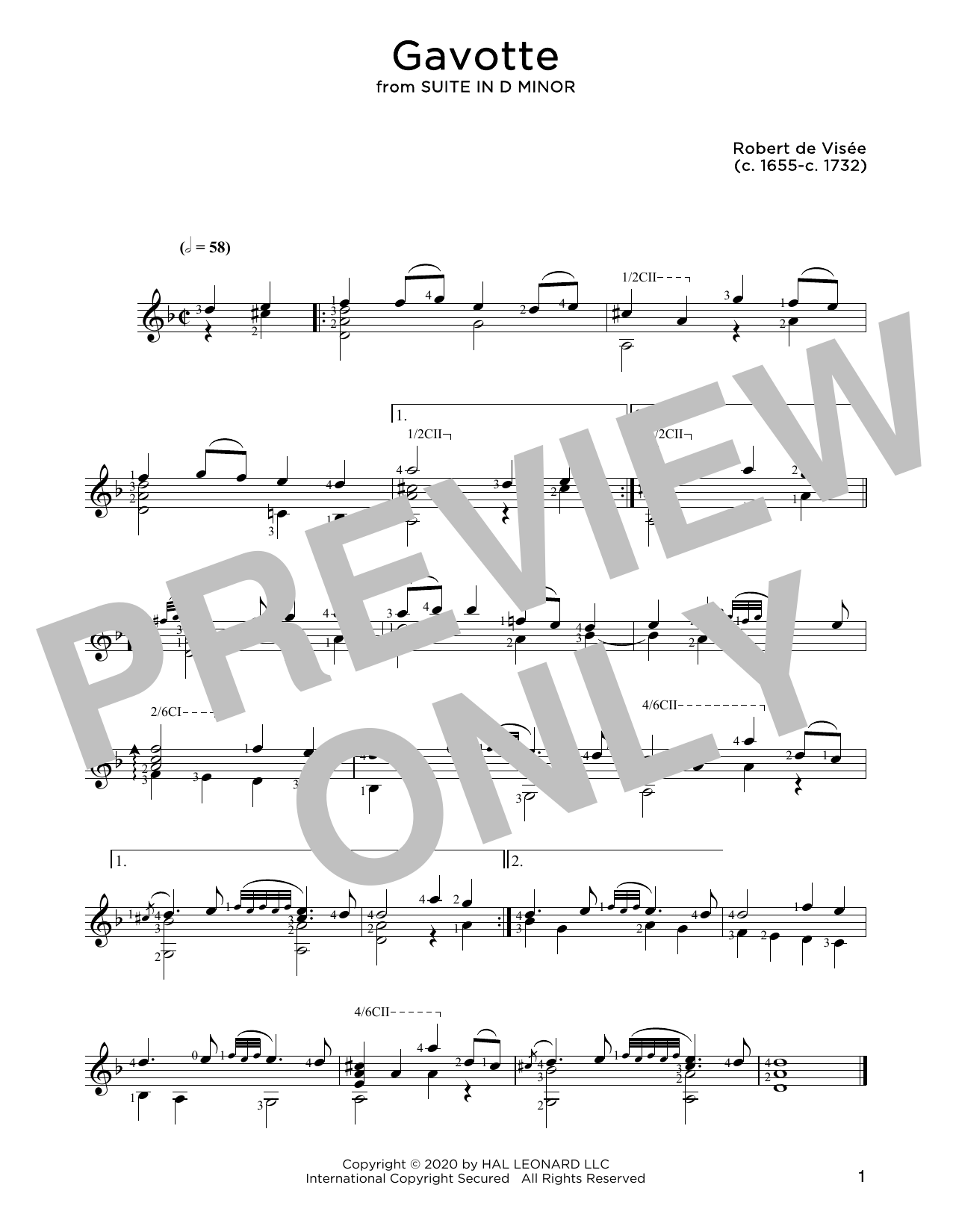 Robert de Visee Gavotte Sheet Music Notes & Chords for Solo Guitar - Download or Print PDF