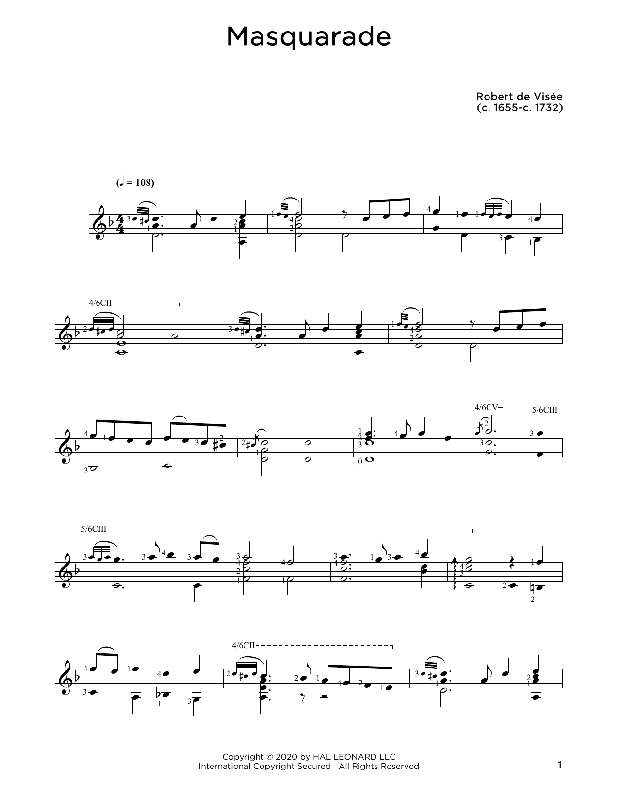 Robert de Visee Masquarade Sheet Music Notes & Chords for Solo Guitar - Download or Print PDF