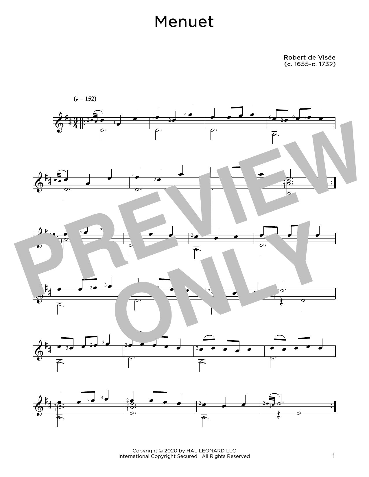 Robert de Visee Menuet Sheet Music Notes & Chords for Solo Guitar - Download or Print PDF