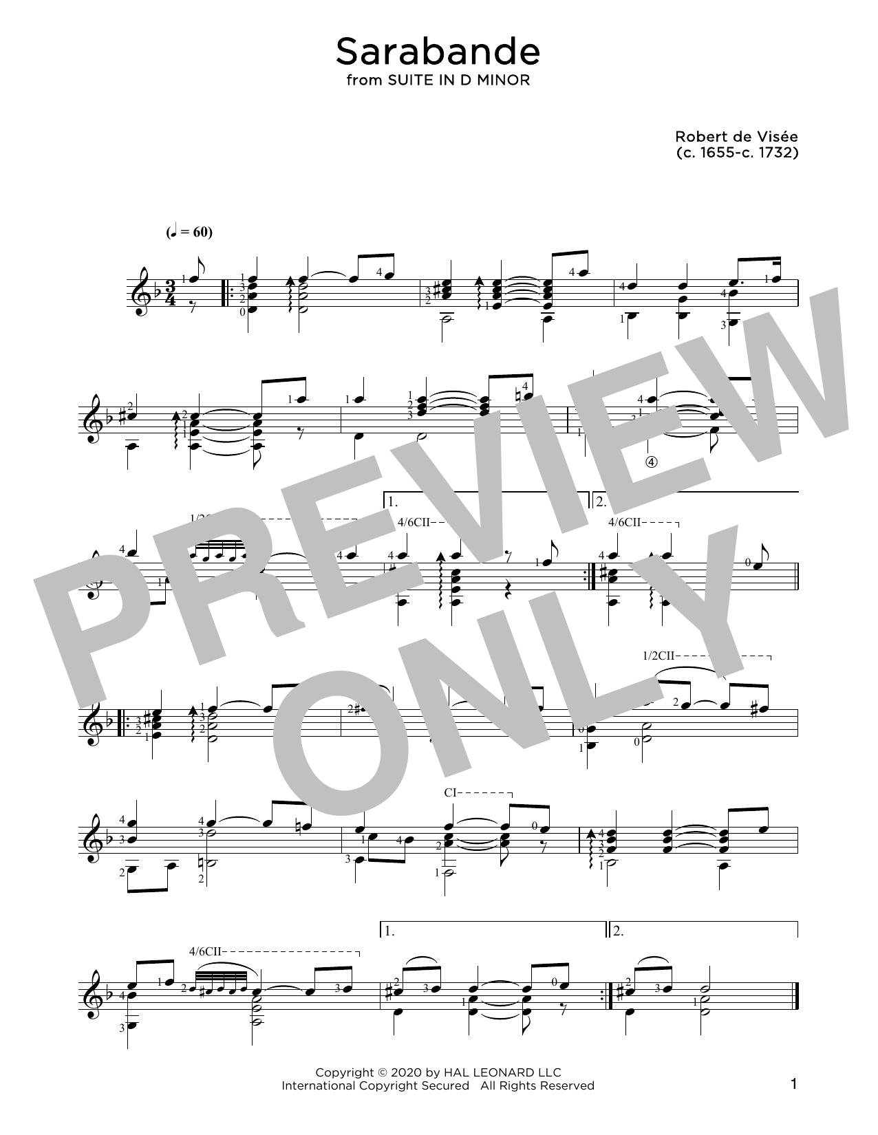 Robert de Visee Sarabande Sheet Music Notes & Chords for Solo Guitar - Download or Print PDF
