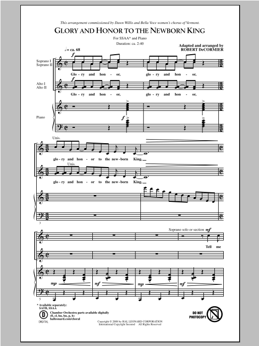 Robert DeCormier Glory and Honor To The Newborn King Sheet Music Notes & Chords for SSA - Download or Print PDF Robert DeCormier Glory and Honor To The Newborn King Sheet Music Notes & Chords for SSA - Download or Print PDF