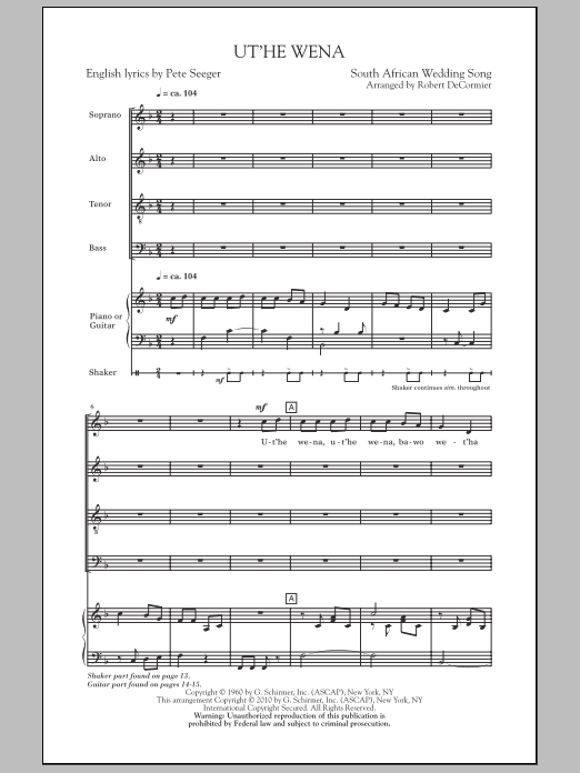 Robert DeCormier Ut'he Wena Sheet Music Notes & Chords for SATB - Download or Print PDF