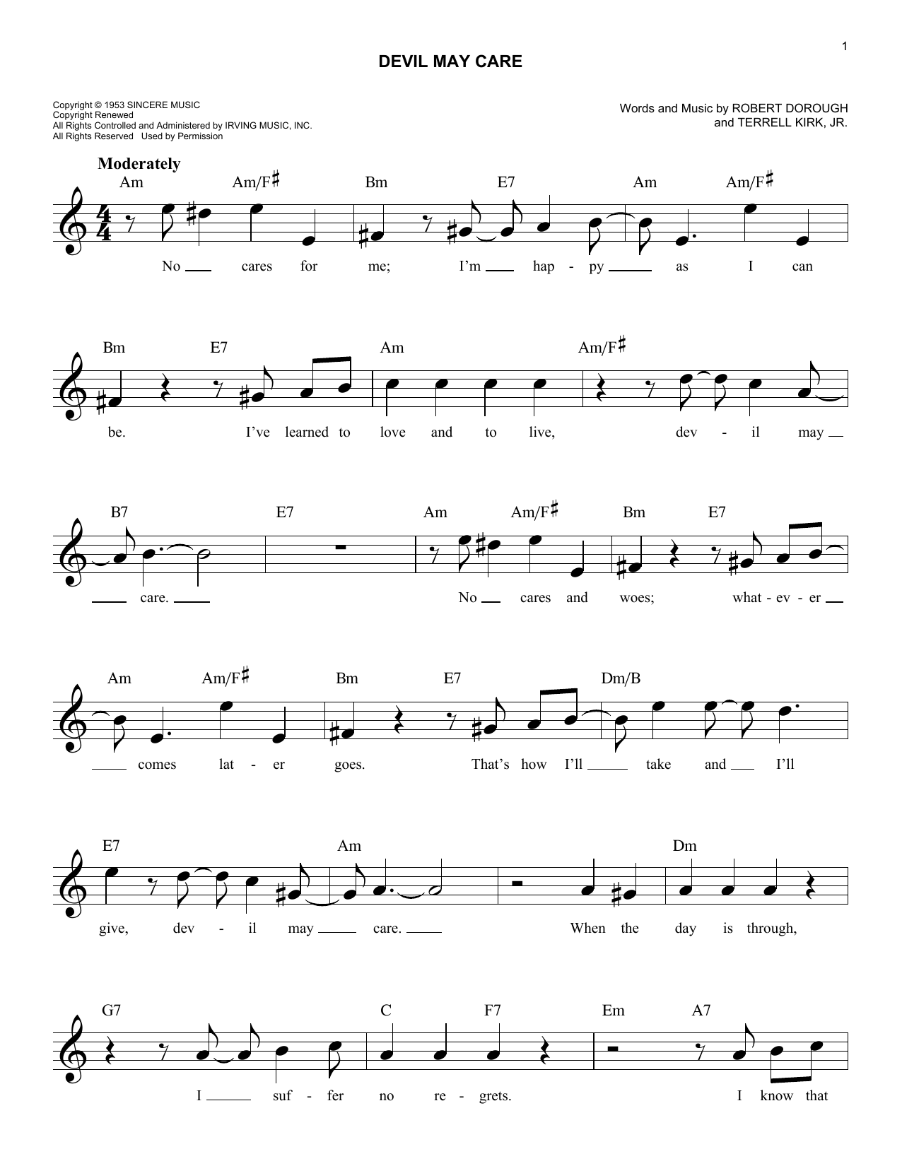 Robert Dorough Devil May Care Sheet Music Notes & Chords for Melody Line, Lyrics & Chords - Download or Print PDF