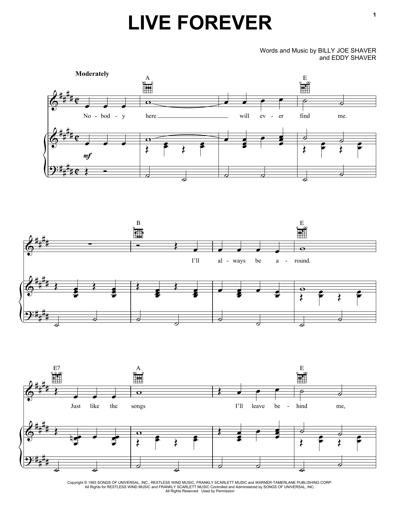 Robert Duvall Live Forever Sheet Music Notes & Chords for Piano, Vocal & Guitar (Right-Hand Melody) - Download or Print PDF