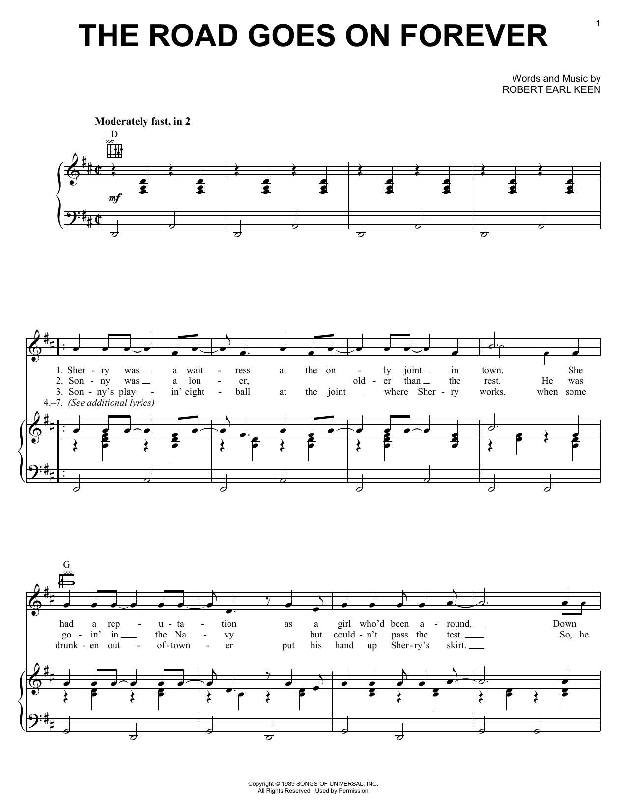 Robert Earl Keen The Road Goes On Forever Sheet Music Notes & Chords for Piano, Vocal & Guitar (Right-Hand Melody) - Download or Print PDF