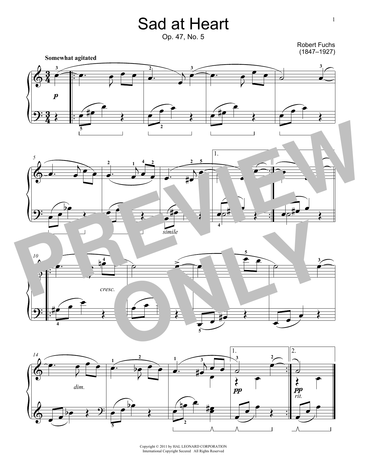 Robert Fuchs Sad At Heart, Op. 47, No. 5 Sheet Music Notes & Chords for Educational Piano - Download or Print PDF