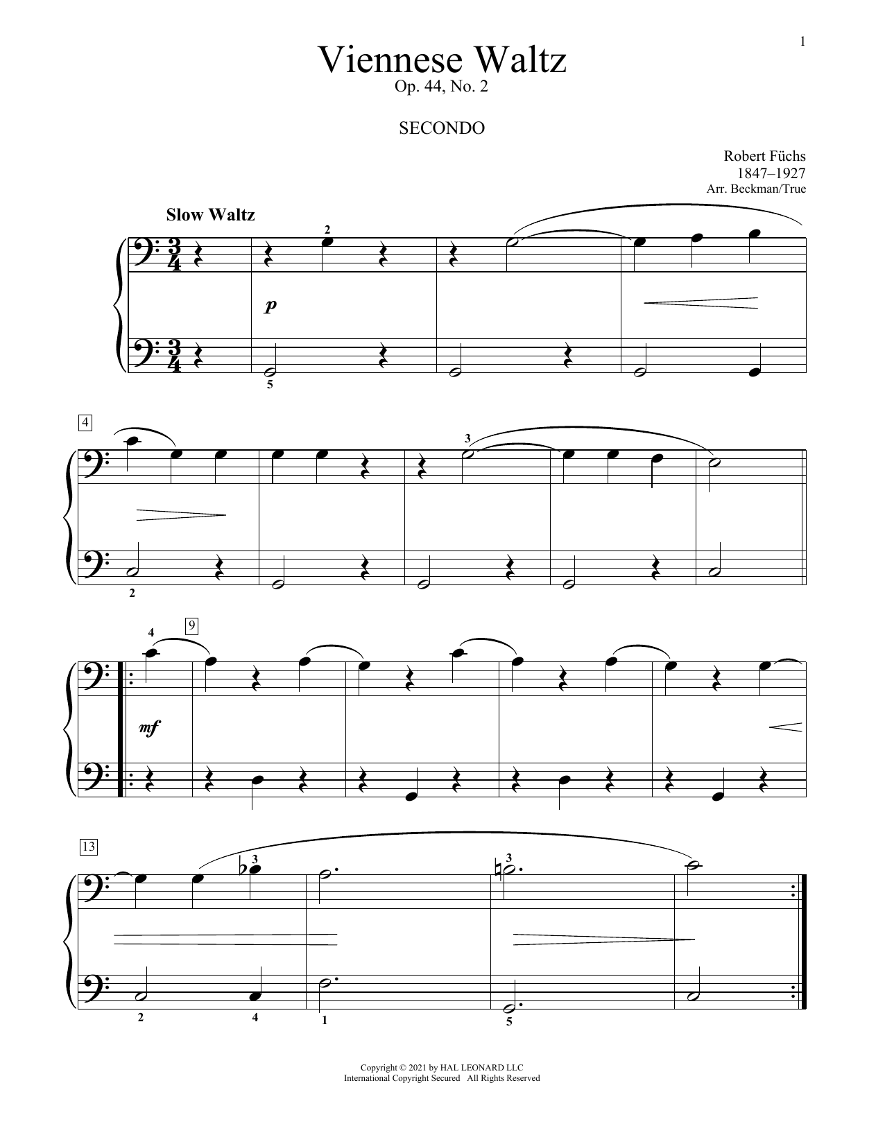 Robert Fuchs Viennese Waltz, Op. 44, No. 2 Sheet Music Notes & Chords for Piano Duet - Download or Print PDF