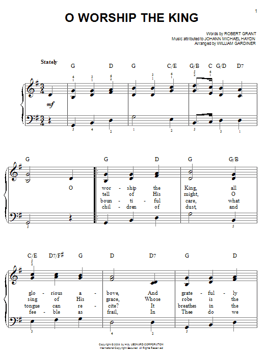 Robert Grant O Worship The King Sheet Music Notes & Chords for Piano (Big Notes) - Download or Print PDF