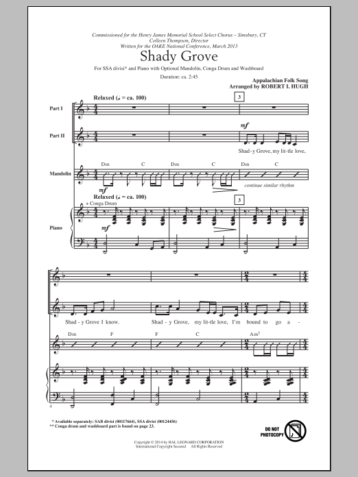 Traditional Folksong Shady Grove (arr. Robert I. Hugh) Sheet Music Notes & Chords for SSA - Download or Print PDF