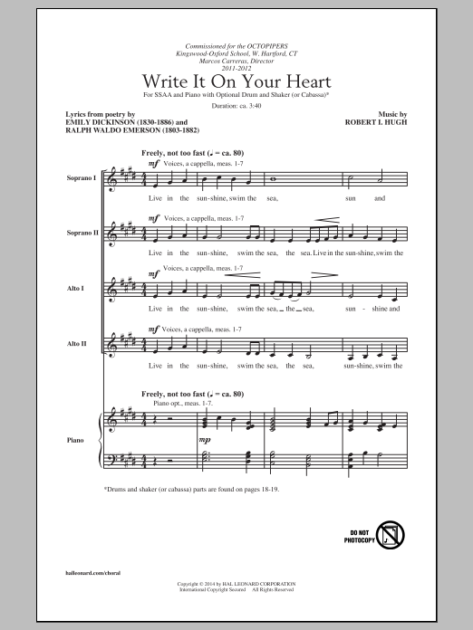 Robert I. Hugh Write It On Your Heart Sheet Music Notes & Chords for SSA - Download or Print PDF